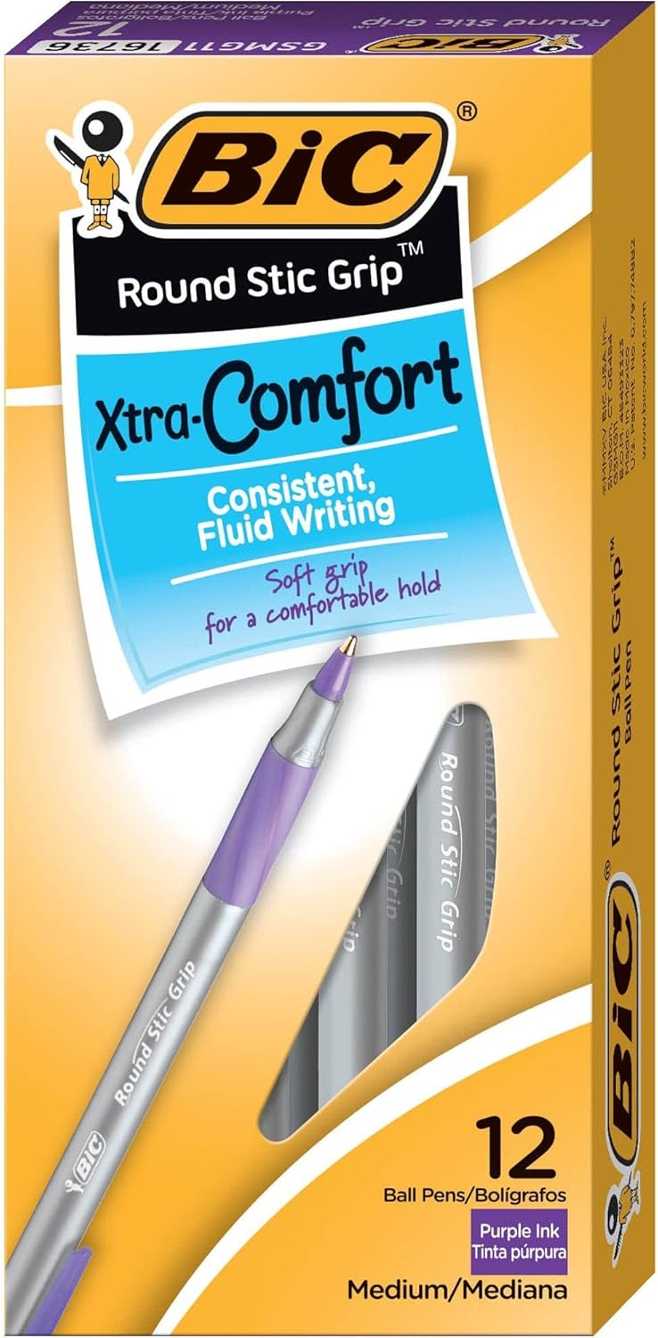 BIC Round Stic Grip Xtra Comfort Fashion Ball Point Pen Purple 12 PackPen