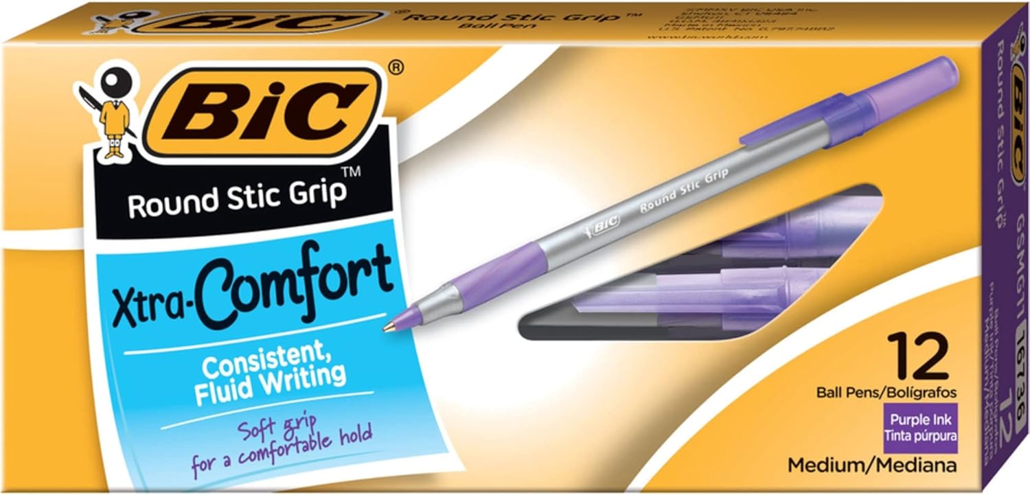 BIC Round Stic Grip Xtra Comfort Fashion Ball Point Pen Purple 12 PackPen