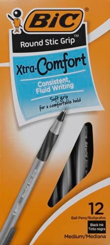 BIC Round Stic Grip XtraComfort Medium Ball Point Pen Black 12 Pack12 Count Pack of 2