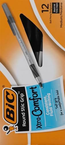 BIC Round Stic Grip XtraComfort Medium Ball Point Pen Black 12 Pack12 Count Pack of 2