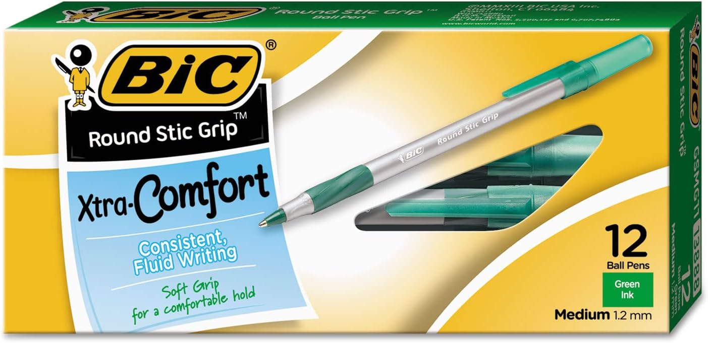 BIC Round Stic Grip XtraComfort Medium Ball Point Pen Green 12 PackPen