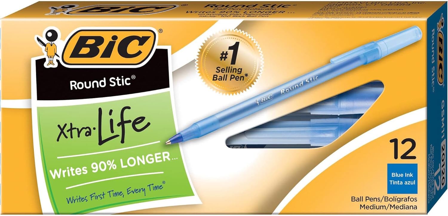 BIC Round Stic Xtra Life Ballpoint Pen Medium Point 10mm Black 10CountBlue