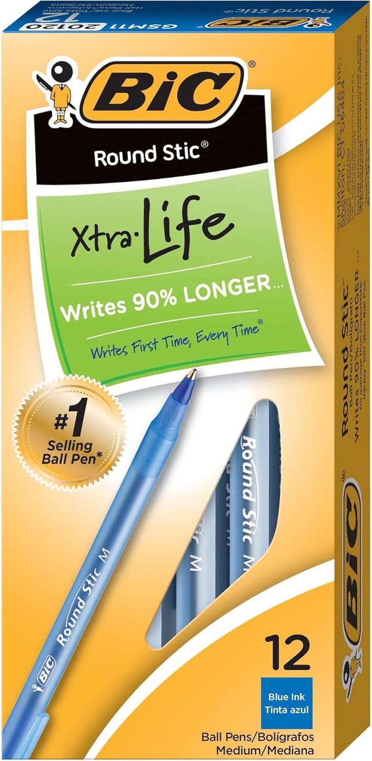 BIC Round Stic Xtra Life Ballpoint Pen Medium Point 10mm Black 10CountBlue