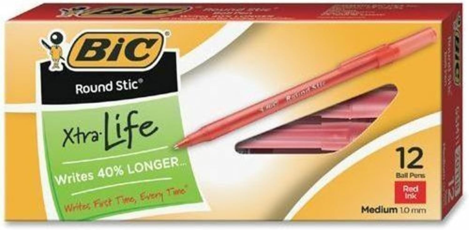 BIC Round Stic Xtra Life Ballpoint Pen Medium Point 10mm Black 10CountRed