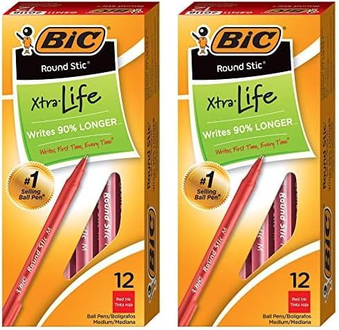 BIC Round Stic Xtra Life Ballpoint Pen Medium Point 10mm Black 10CountRed