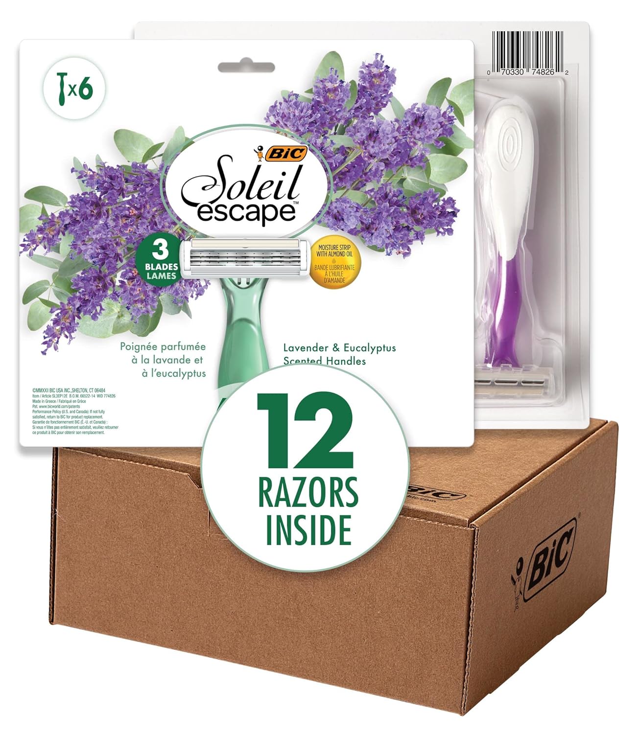 BIC Soleil Escape Womens Disposable 3 Blade Razors Lavender ampamp Eucalyptus Scented Handles Perfect for Bikini Line and Pubic Hair 12PackAssorted