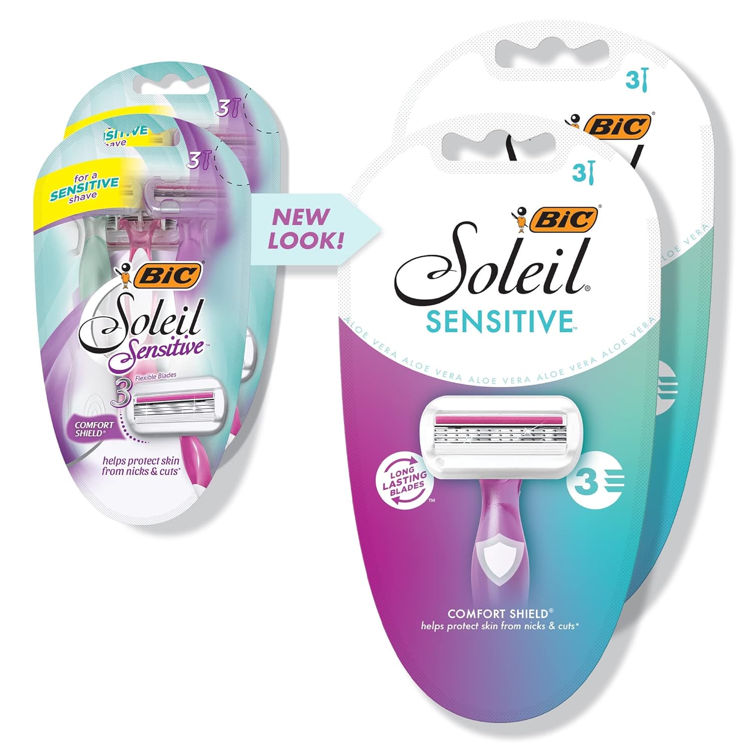 BIC Soleil Sensitive Womens Disposable Razors 3 Blades With Moisture Strip For a Silky Smooth Shave 6 Piece Razor Set 3 Count Pack of 2Purple