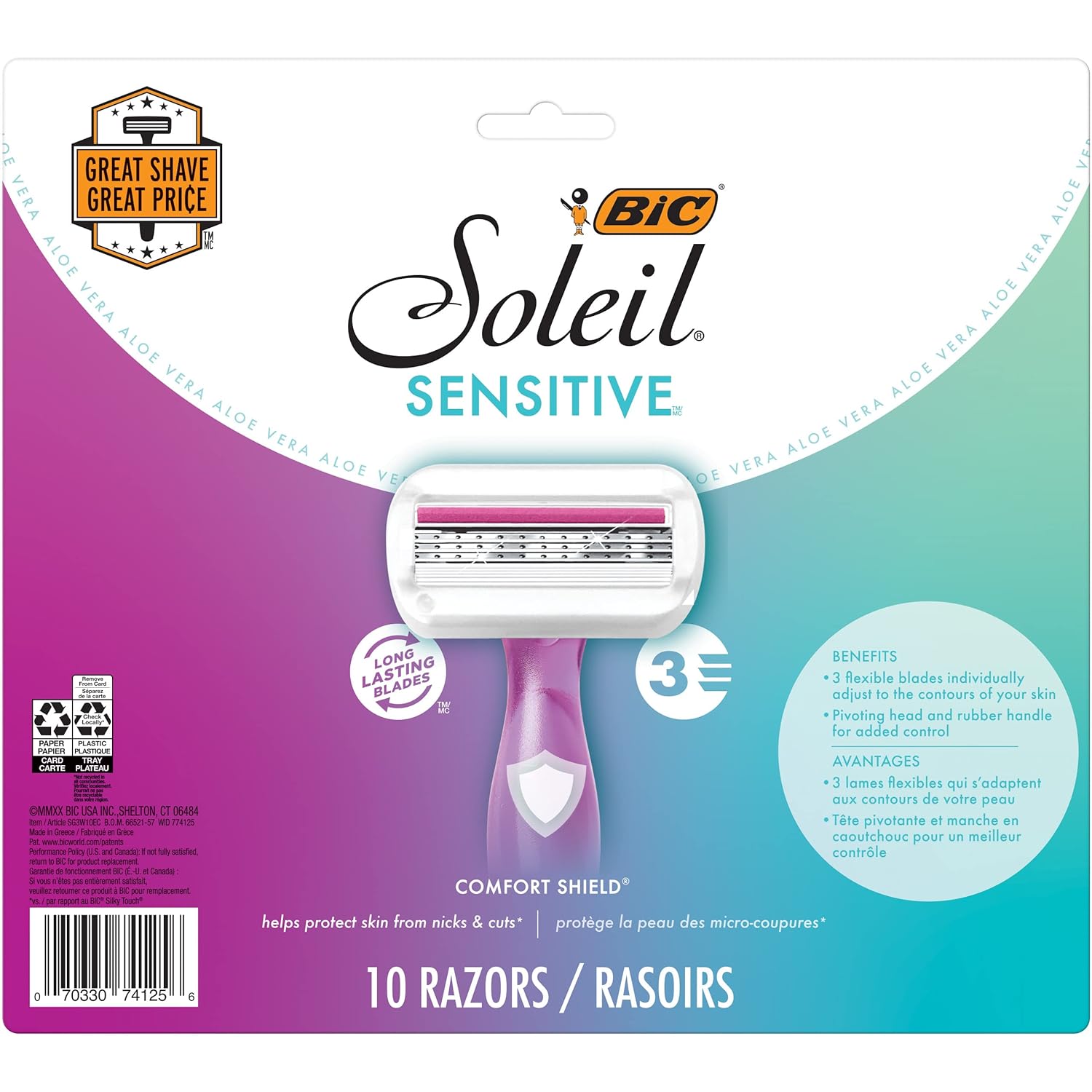 BIC Soleil Sensitive Womens Disposable Razors 3 Blades With Moisture Strip For a Silky Smooth Shave 6 Piece Razor Set 3 Count Pack of 2Purple