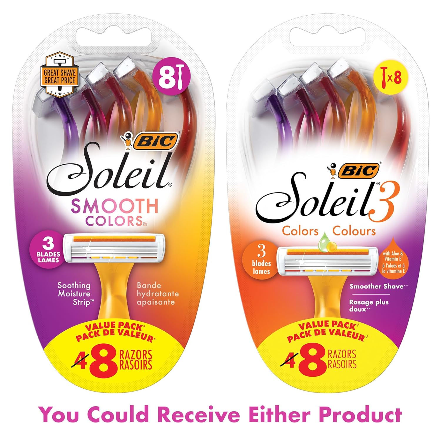 BIC Soleil Smooth Colors Womens Disposable Razors With Vitamin E Lubricating Strip for Enhanced Glide Great Stocking Stuffer 14Count Gift Set8 Count Pack of 1