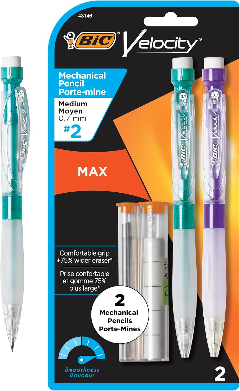 BIC Velocity Max Mechanical Pencils With Colorful Barrel Medium Point 07mm 2Count Pack Mechanical Pencils With Erasers and Lead Refills07mm Black Lead Pencils