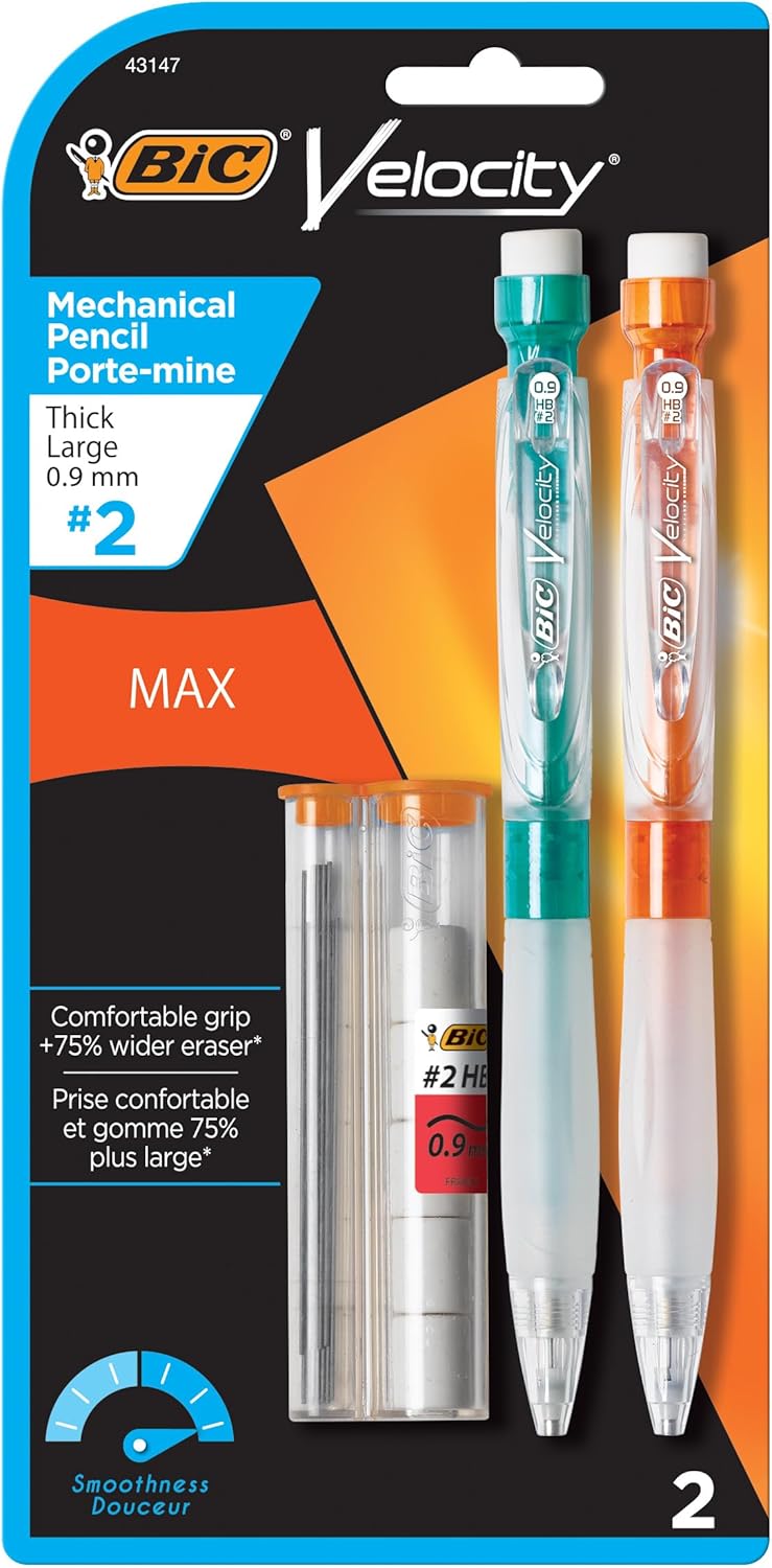 BIC Velocity Max Mechanical Pencils With Colorful Barrel Medium Point 07mm 2Count Pack Mechanical Pencils With Erasers and Lead RefillsBlack