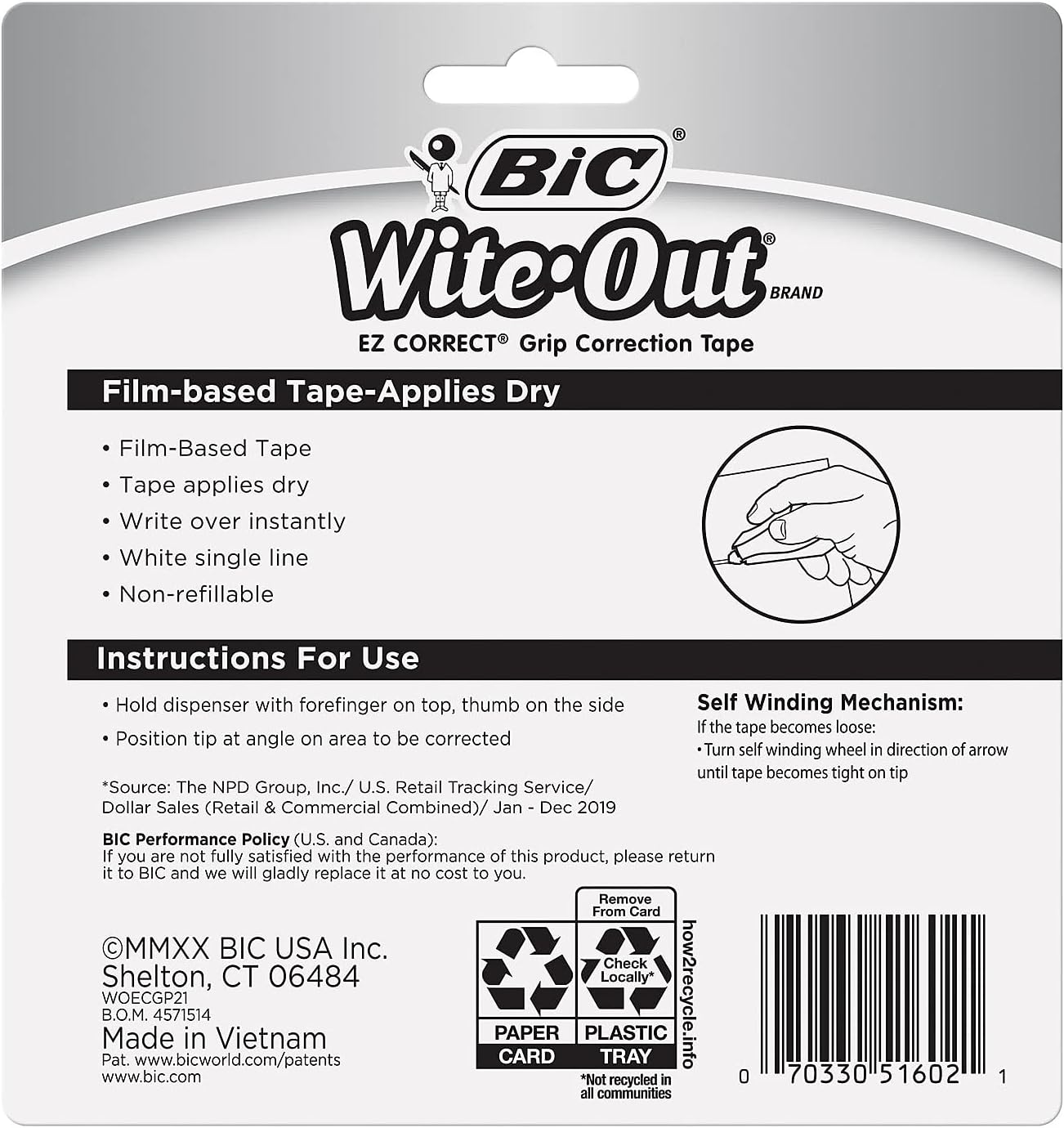 BIC WiteOut Brand EZ Correct Grip Correction Tape 335 Feet 2Count Pack of white Correction Tape Fast Clean and Easy to Use TearResistant Tape Office or School Supplies