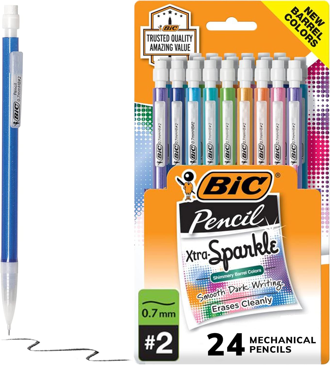 BIC XtraSparkle Number 2 Mechanical Pencils With Erasers MPLP241BLK Medium Point 07mm 24Count Pack Cute Mechanical Pencils For Girls Boys and Adults Barrel Colors May Vary07mm