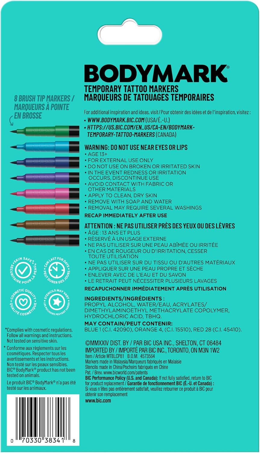 BODYMARK Temporary Tattoo Markers 8Count Color Collection SkinSafe ampamp Cosmetic Quality CrueltyFree LongLasting Flexible Brush Tip Stencils Included