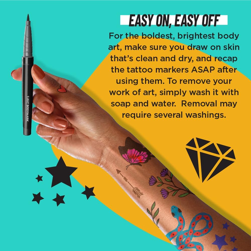 BODYMARK Temporary Tattoo Markers 8Count Color Collection SkinSafe ampamp Cosmetic Quality CrueltyFree LongLasting Flexible Brush Tip Stencils Included