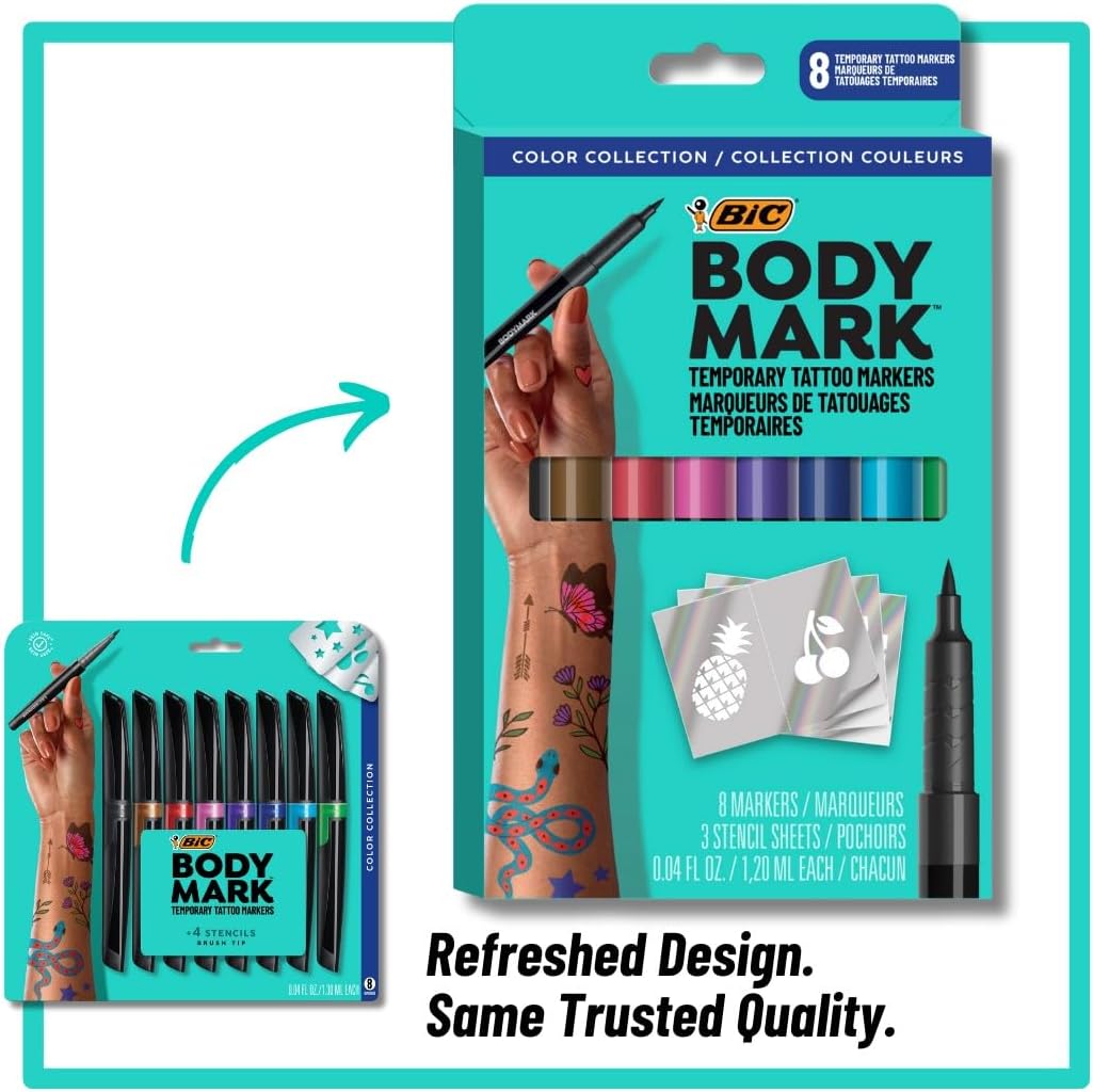 BODYMARK Temporary Tattoo Markers 8Count Color Collection SkinSafe ampamp Cosmetic Quality CrueltyFree LongLasting Flexible Brush Tip Stencils Included