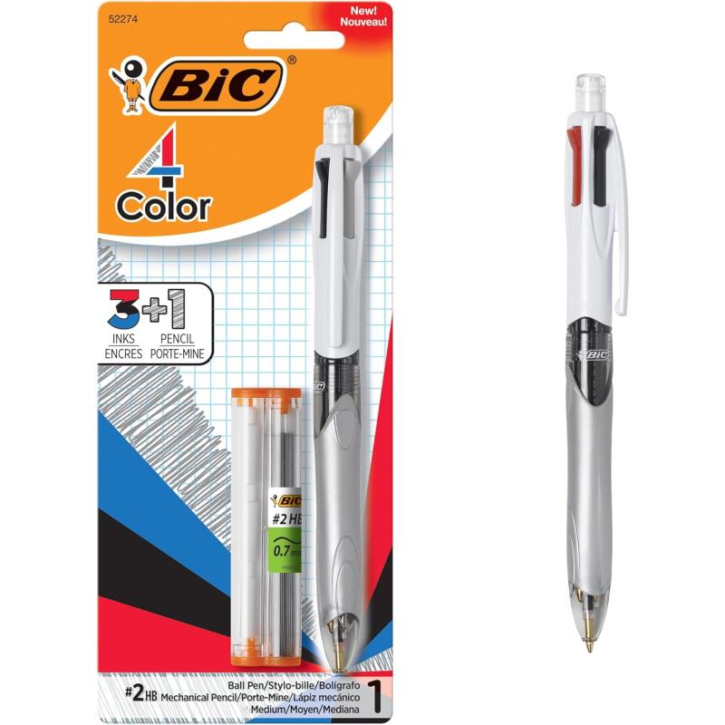 BIC 4Color 31 Ballpoint Pens and Pencil Medium Point 10 mm Assorted Colors 1Count Pack Pens for School and Office Supplies