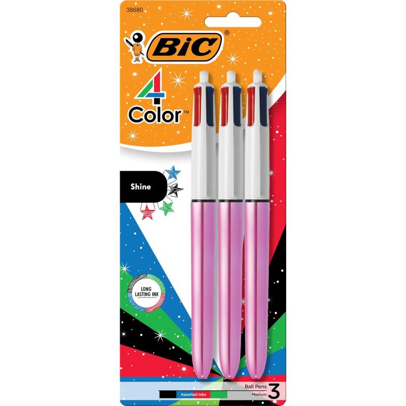 BIC 4Color Shine Retractable Ball Pens Fun Pink Metallic Barrel Medium Point 10mm 3Count Pack Retractable Ball Pen With LongLasting Ink
