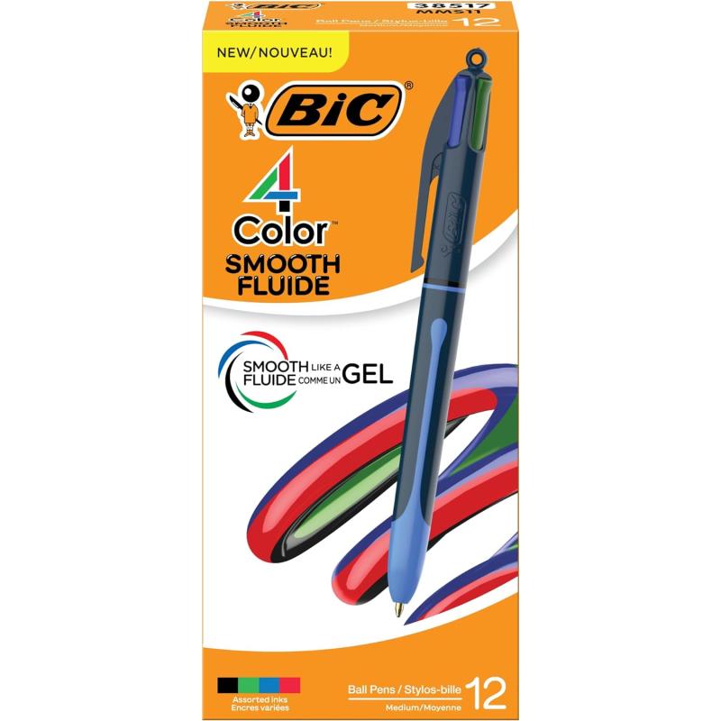BIC 4Color Smooth Retractable Ballpoint Pens Medium Point 10mm 3Count Pack Colored Pens with LongLasting Ink12Count Pack of 1