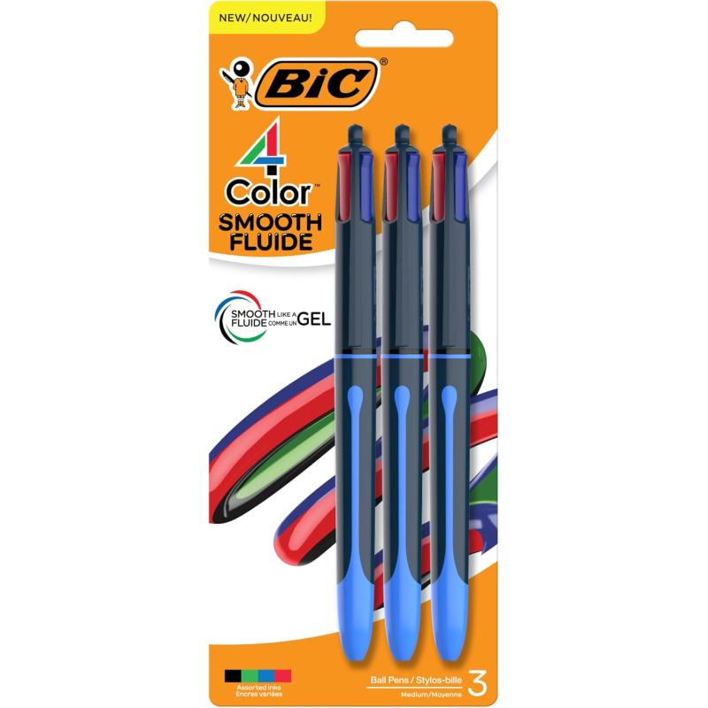 BIC 4Color Smooth Retractable Ballpoint Pens Medium Point 10mm 3Count Pack Colored Pens with LongLasting Ink3Count Pack of 1