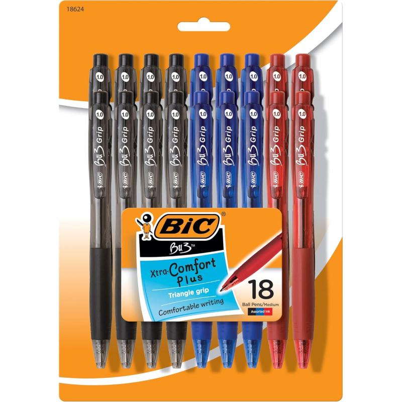 BIC BU3 Grip Retractable Ball Pen Medium Point 10mm Black Comfortable Grip for Smooth Writing 18CountAssorted