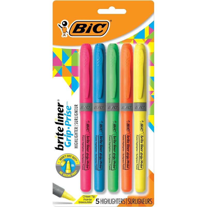 BIC Brite Liner Grip Highlighter Chisel Tip 16 mm Assorted Colors For Broad Highlighting ampamp Fine Underlining 5Count