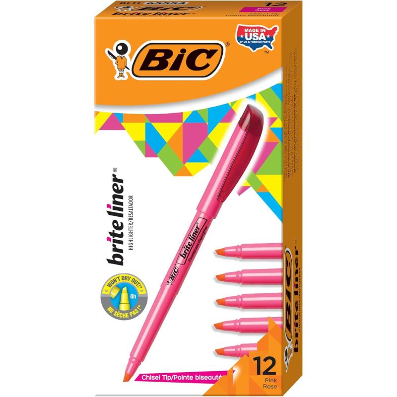 BIC Brite Liner Highlighter Chisel Tip Green 12Count BL11GREENPink