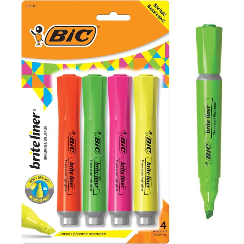 BIC Brite Liner Highlighter with Rubber Grip Chisel Tip Assorted Pack of 4  BLMGP41AASTAssorted
