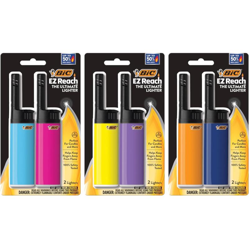 BIC EZ Reach Candle Lighter The Ultimate Lighter with Wand for Candles Assorted Colors 6 Count Pack of Long Lighters