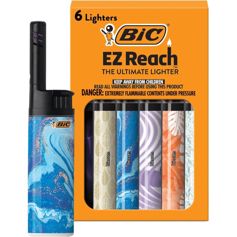 BIC EZ Reach Candle Lighter The Ultimate Lighter with Wand for Candles Home Decor Assorted Designs 6 Count Pack of Lighters
