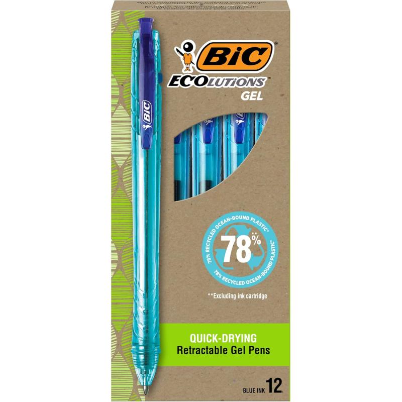 BIC Ecolutions OceanBound Plastic Gel Pens Medium Point 10mm 12Count Pack Retractable Blue Ink Pens Made from 78 OceanBound Recycled Plastic Excluding Ink CartridgeBlue Ink