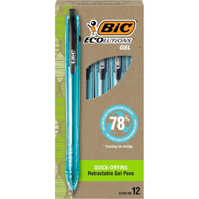 BIC Ecolutions OceanBound Plastic Gel Pens Medium Point 10mm 12Count Pack Retractable Blue Ink Pens Made from 78 OceanBound Recycled Plastic Excluding Ink CartridgeBlack Ink