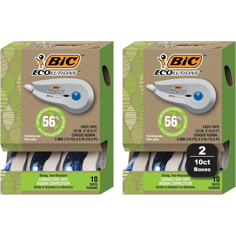 BIC Ecolutions WiteOut Brand Correction Tape 198 Feet 20Count Pack Correction Tape Made from 56 Recycled Plastic Excluding Tape