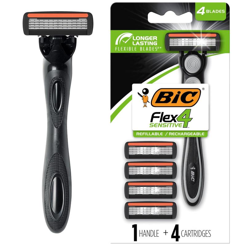 BIC Flex 4 Refillable Refill Razor Cartridges for Men LongLasting 4 Blade Razor Heads for Sensitive Skin 10 Refill CartridgesBlackGreen