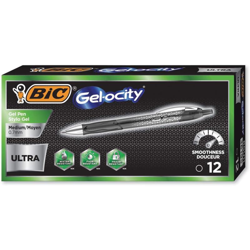 BIC GelOcity Ultra Gel Pens Medium Point Retracable 07mm Black Ink Gel Pen 12Count
