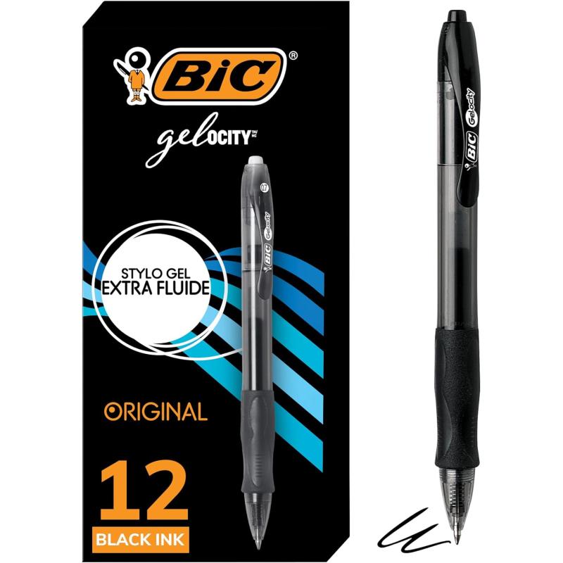 BIC Gelocity Original Black Gel Pens Medium Point 07mm 12Count Pack Retractable Gel Pens With Comfortable Grip
