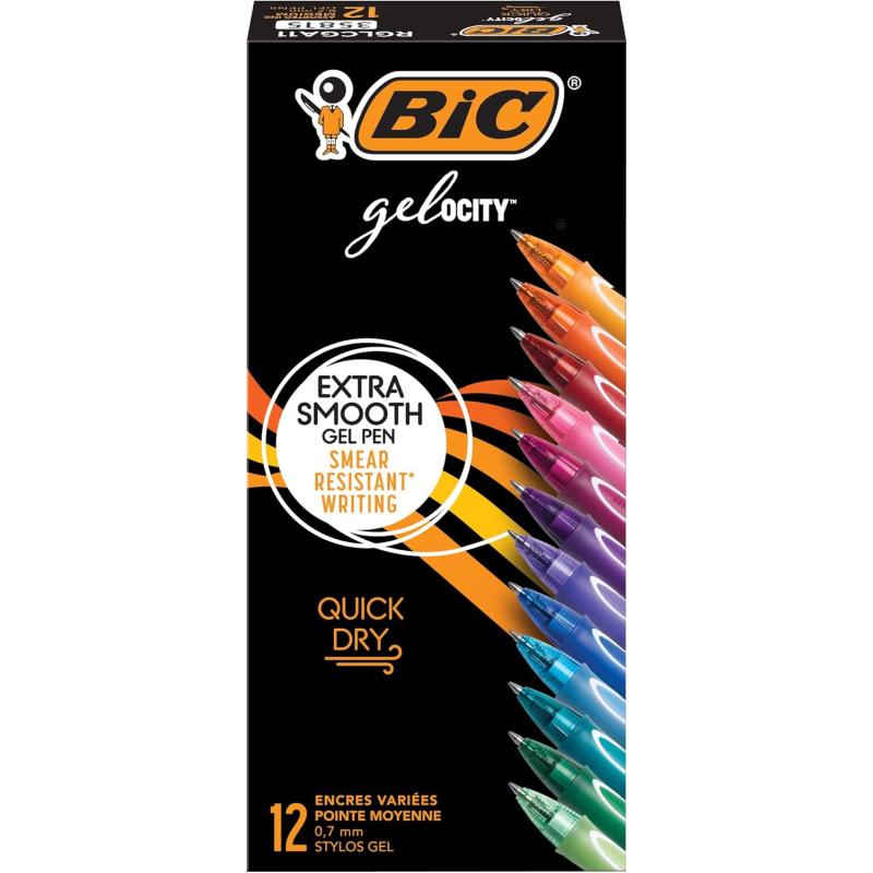BIC Gelocity Quick Dry Assorted Colors Gel Pens Colors May Vary Medium Point 07mm 12Count Pack Retractable Gel Pens With Comfortable Full Grip12 Count Pack of 1