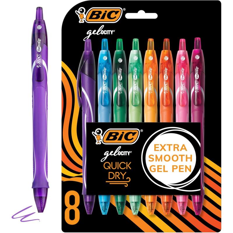 BIC Gelocity Quick Dry Assorted Colors Gel Pens Medium Point 07mm 8Count Pack Retractable Gel Pens With Comfortable Full Grip1 Count Pack of 8