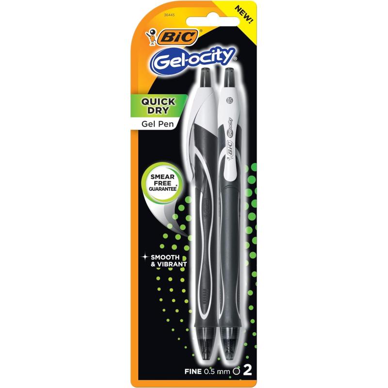 BIC Gelocity Quick Dry Gel Pen Fine Point 05 mm Retractable Pen Black 2Count Quick Drying Smooth Ink