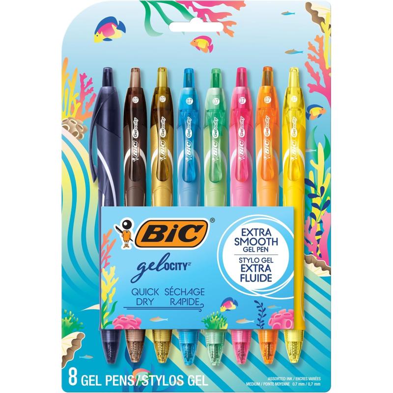 BIC Gelocity Quick Dry Ocean Themed Gel Pens Medium Point 07mm 8Count Gel Pen Set Assorted Colors May Vary Colored Gel Pens for Note Taking and Journaling