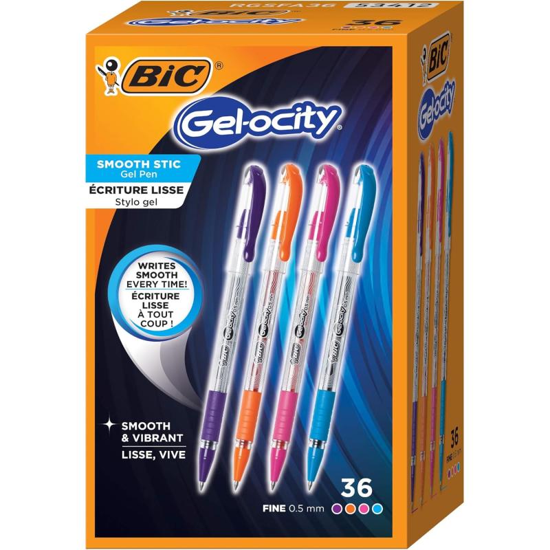 BIC Gelocity Smooth Stic Gel Pen Fine Point 05mm Assorted Colors 36Count Vibrant and Smooth Gel Ink PensAssorted Fashion