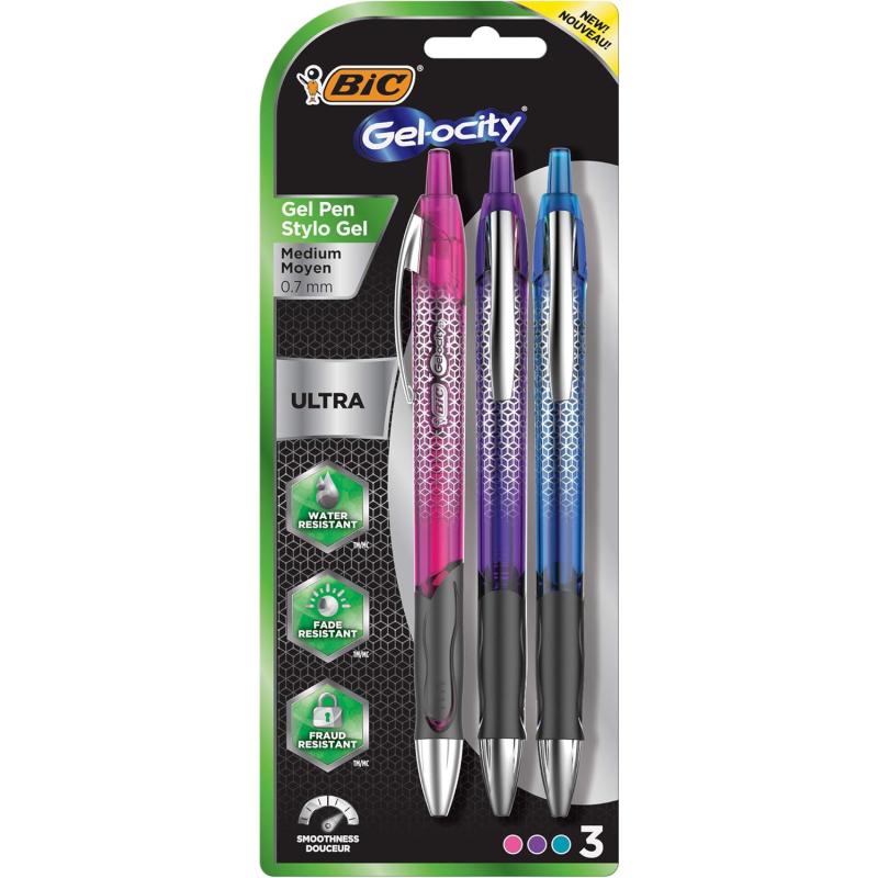BIC Gelocity Ultra Retractable Gel Pen Medium Point 07mm Assorted Colors Premium Design ampamp Comfortable Grip 3CountFashion