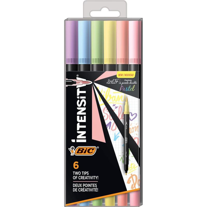 BIC Intensity 12Pack DualTip Coloring Felt Pens with 07mm Fine Tip and Flexible Brush in Pastel Tones6 Count Pack of 1
