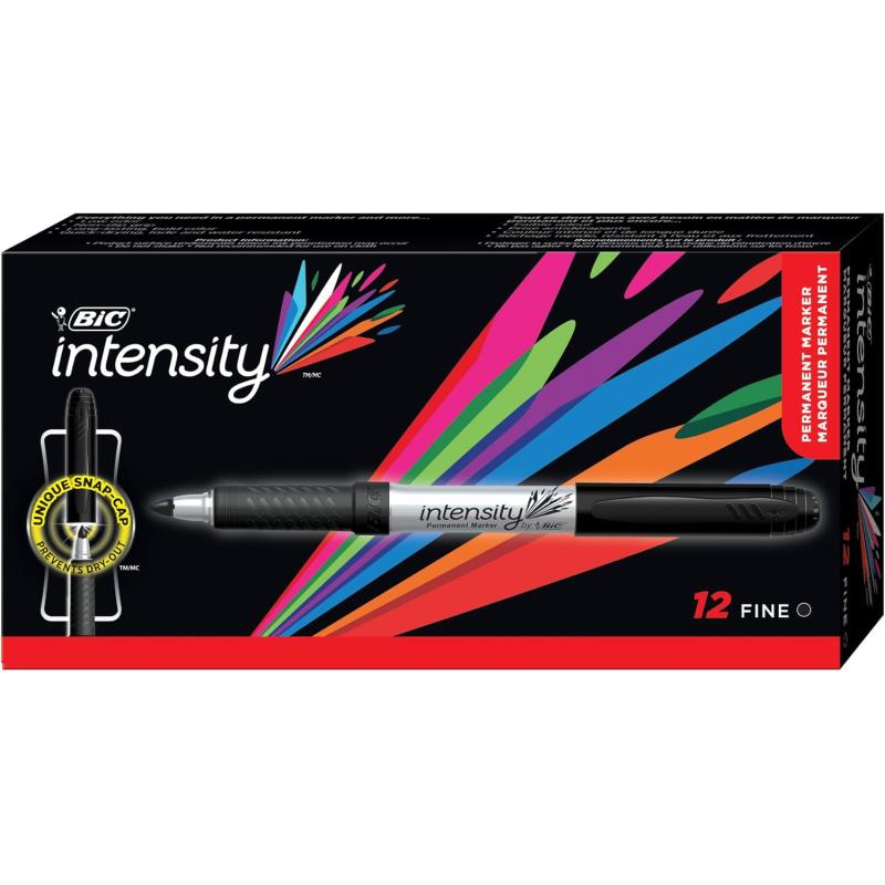 BIC Intensity Black Permanent Markers Fine Point 12Count Pack of Black Markers With NonSlip Grip for Comfort and Control