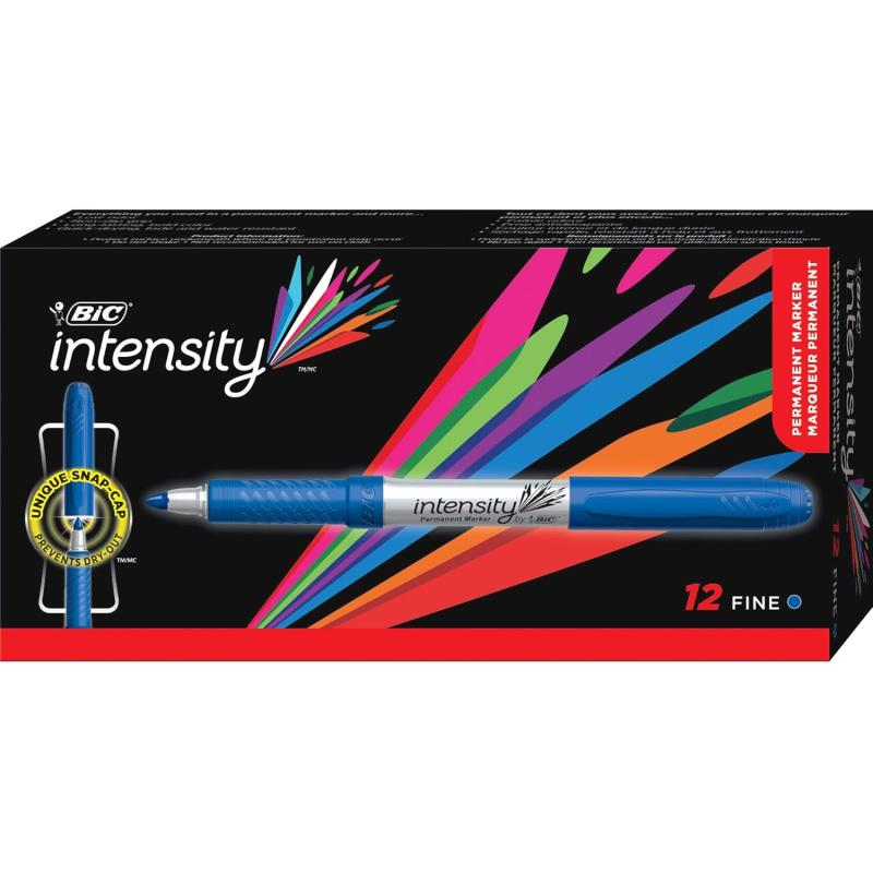 BIC Intensity Blue Permanent Markers Fine Point 12Count Pack of Blue Markers With NonSlip Grip for Comfort and Control