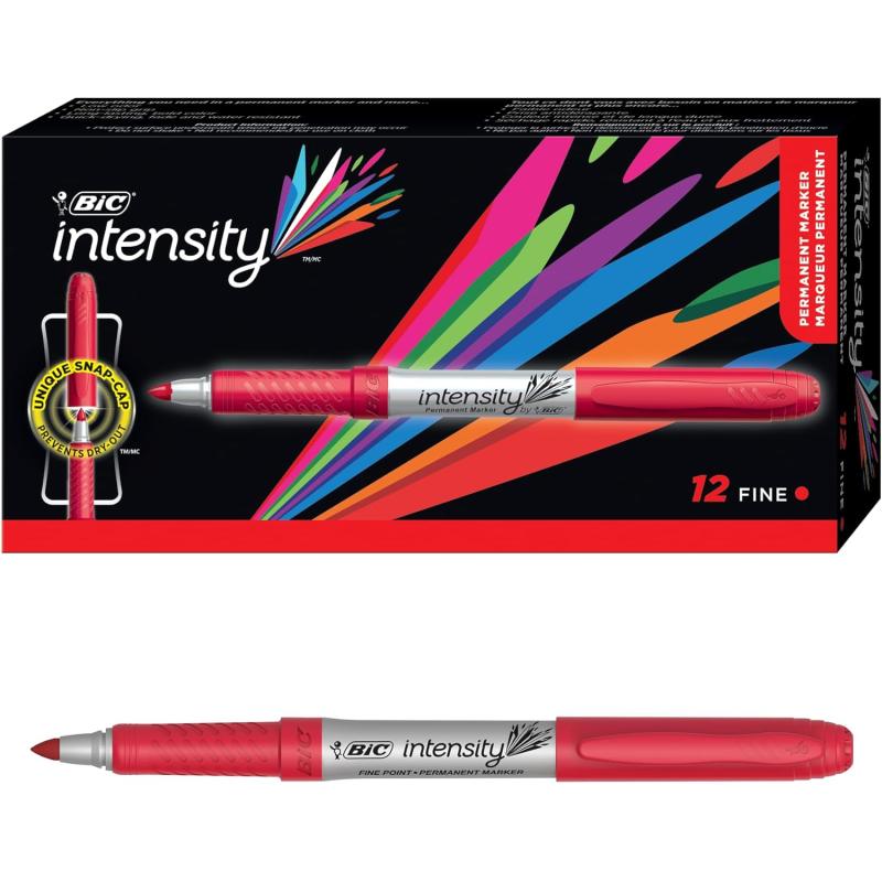 BIC Intensity Red Permanent Markers Fine Point 12Count Pack of Red Markers With NonSlip Grip for Comfort and ControlRed