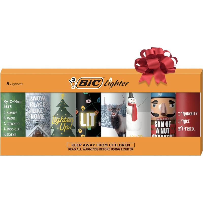 BIC Pocket Lighter Special Edition Holiday Collection Assorted Unique Lighter Designs 8 Count Pack of Lighters Perfect Stocking StufferHoliday