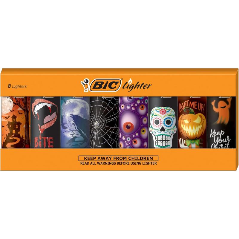 BIC Pocket Lighter Special Edition Holiday Collection Assorted Unique Lighter Designs 8 Count Pack of Lighters Perfect Stocking StufferSpooky