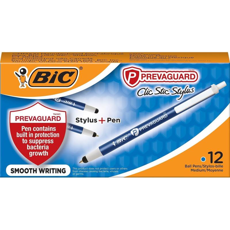 BIC PrevaGuard Clic Stic Ballpoint Pen ampamp Stylus With Builtin Protection To Suppress Bacteria Growth Medium Point 10mm Blue 12Count