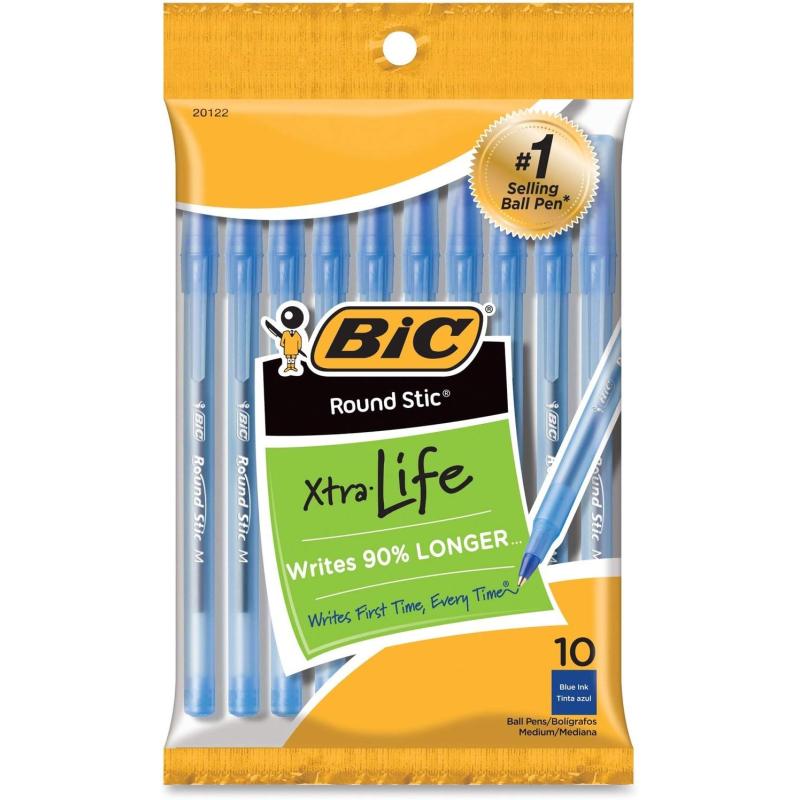 BIC Round Stic Ball Pens Stick Blue Medium Point 10Pack